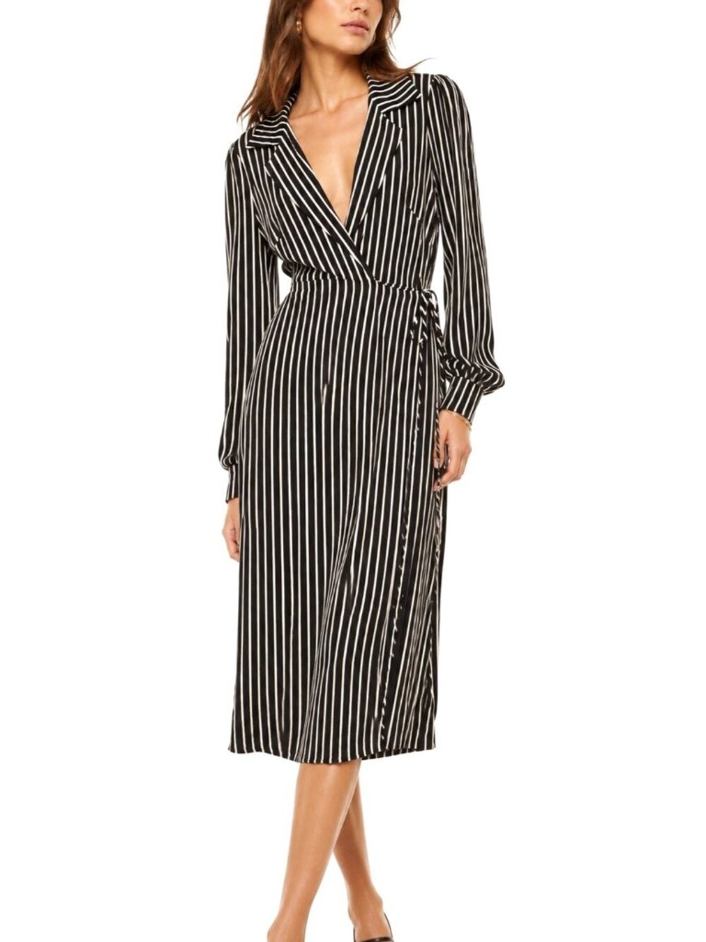Reformation Salem Wrap Dress Lansky Stripe Black & Tan Deep V Midi